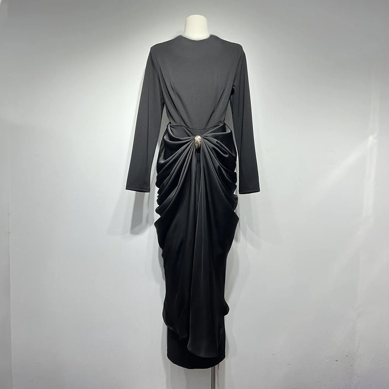 Draped Satin Skirt Dress with Jeweled Brooch(MS321) - Mariam's Collection