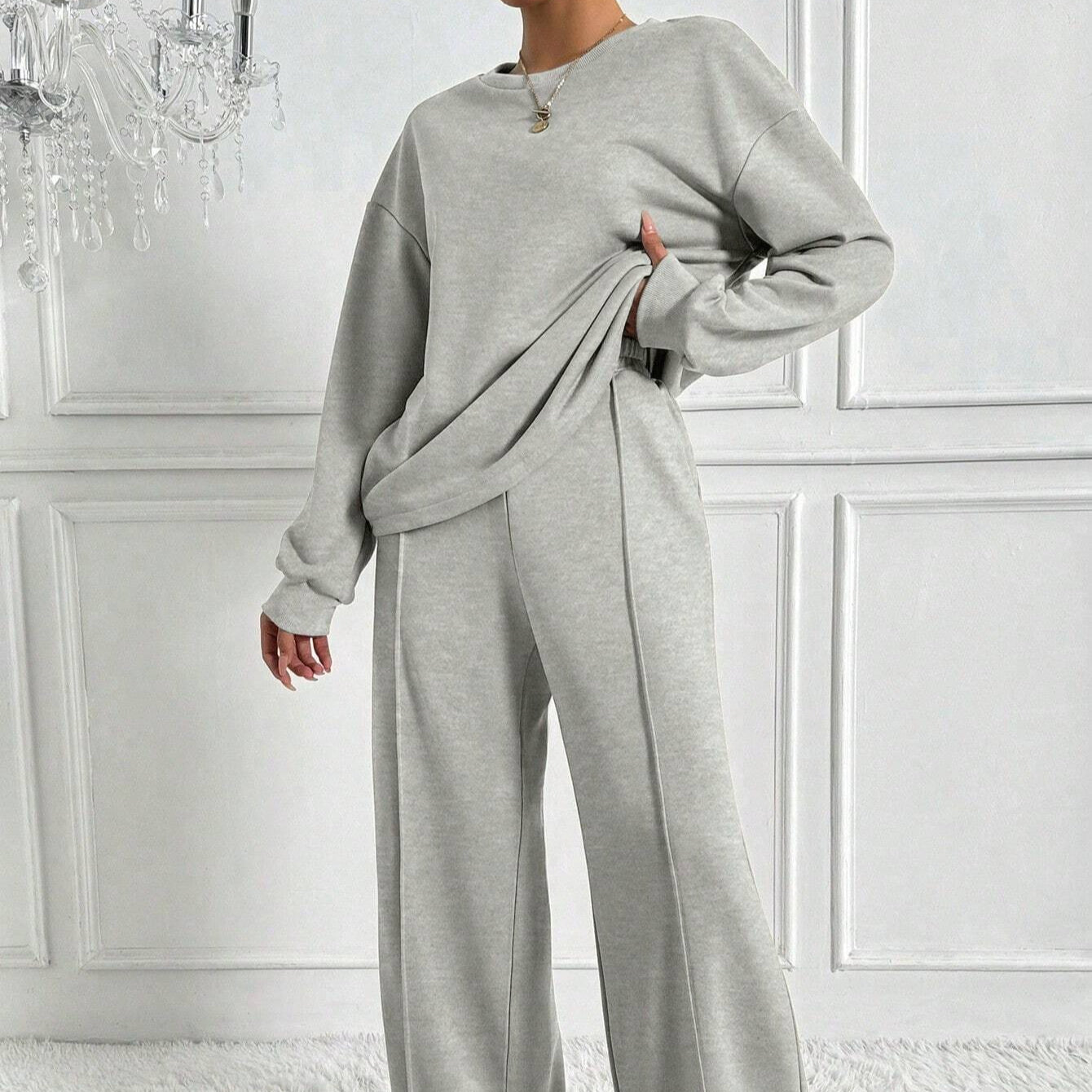 Drop Shoulder Sweatshirt & Wide-Leg Trouser Co-ord Set(MS528) - Mariam's Collection