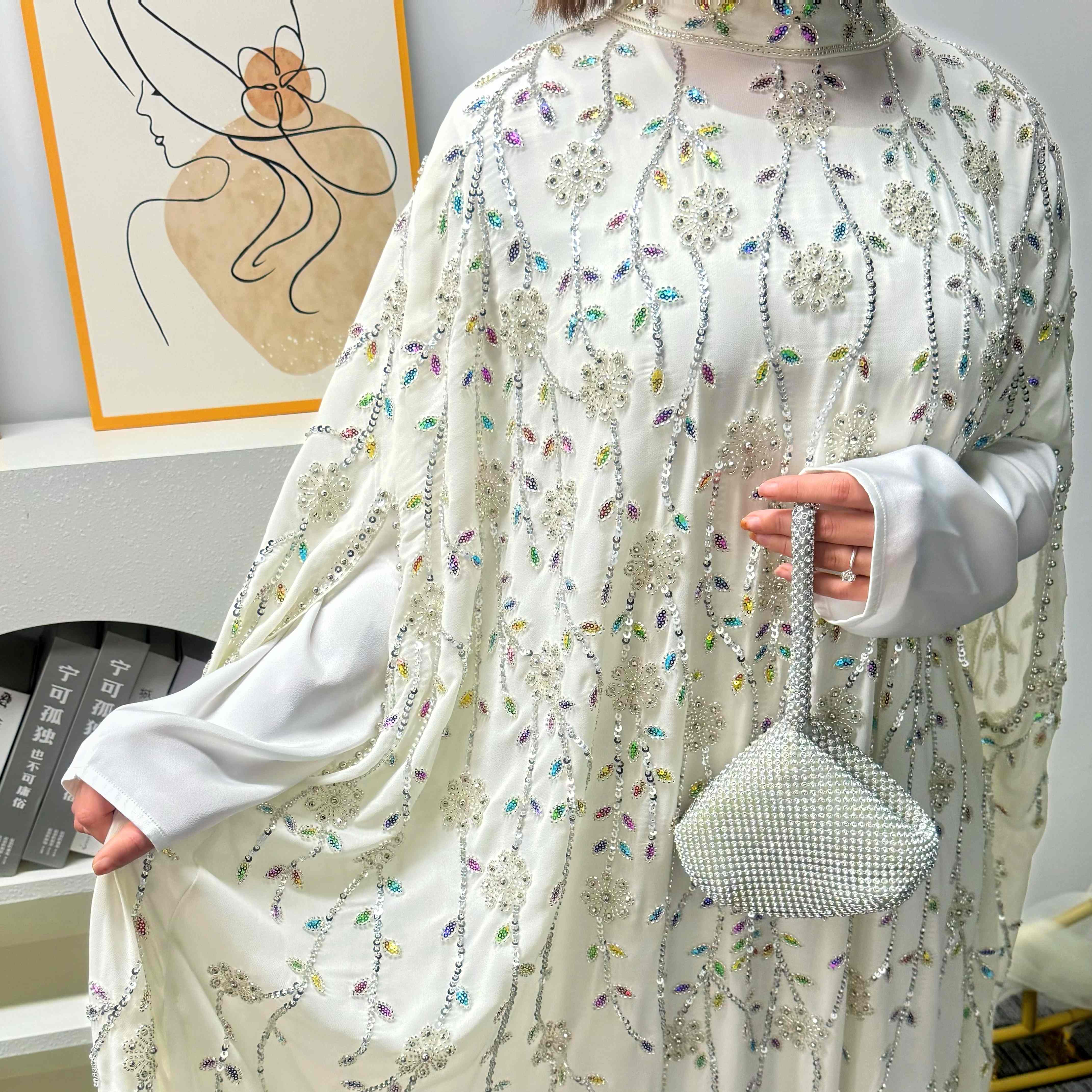 Luxury Crystal Embellished Cape Abaya Set with Modal Long-Sleeve Inner Dress(MA390)