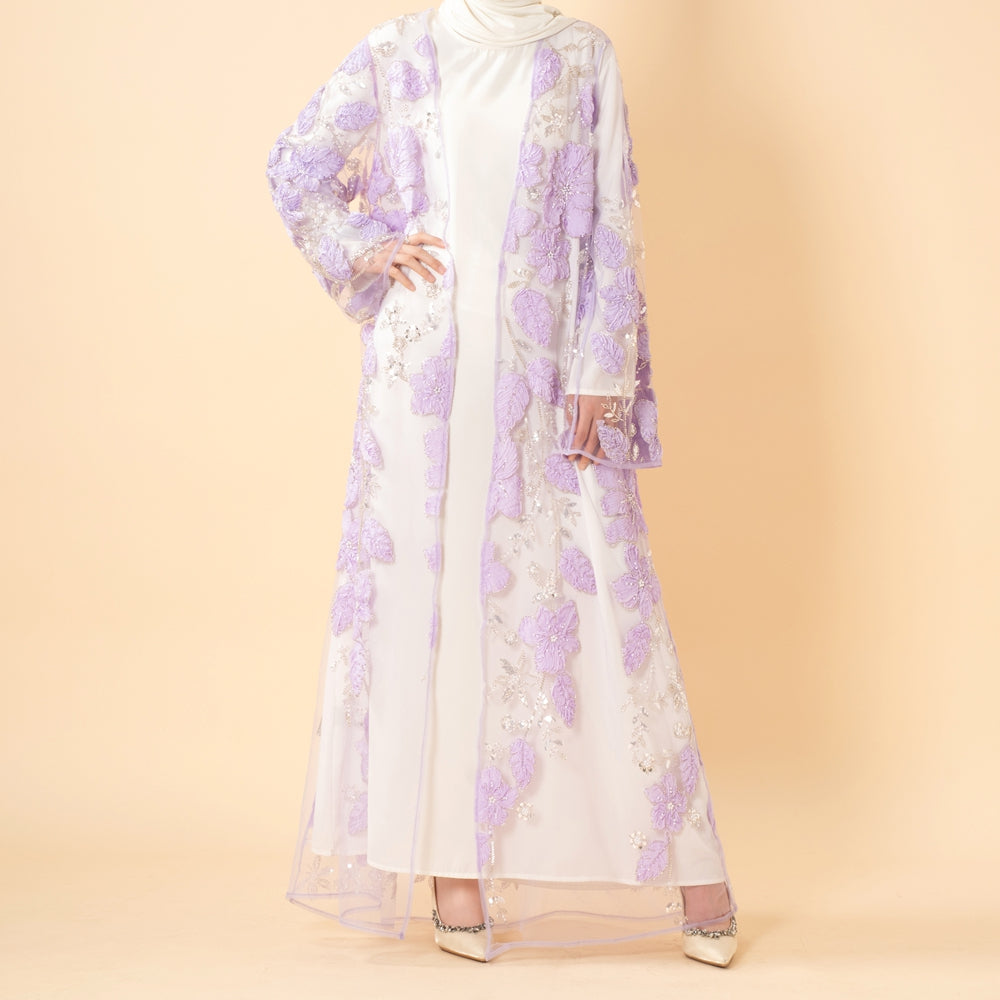Luxury 3D Floral Beaded Embroidered Mesh Open Abaya– Lavender Occasion Abaya (MOA304)