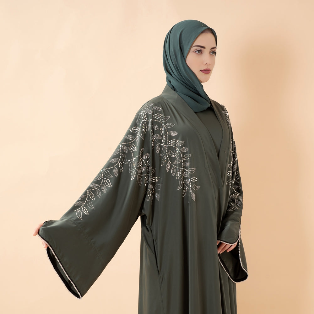 Leaf Embellishment Satin 3-Piece Abaya Set for Eid (MOA244)