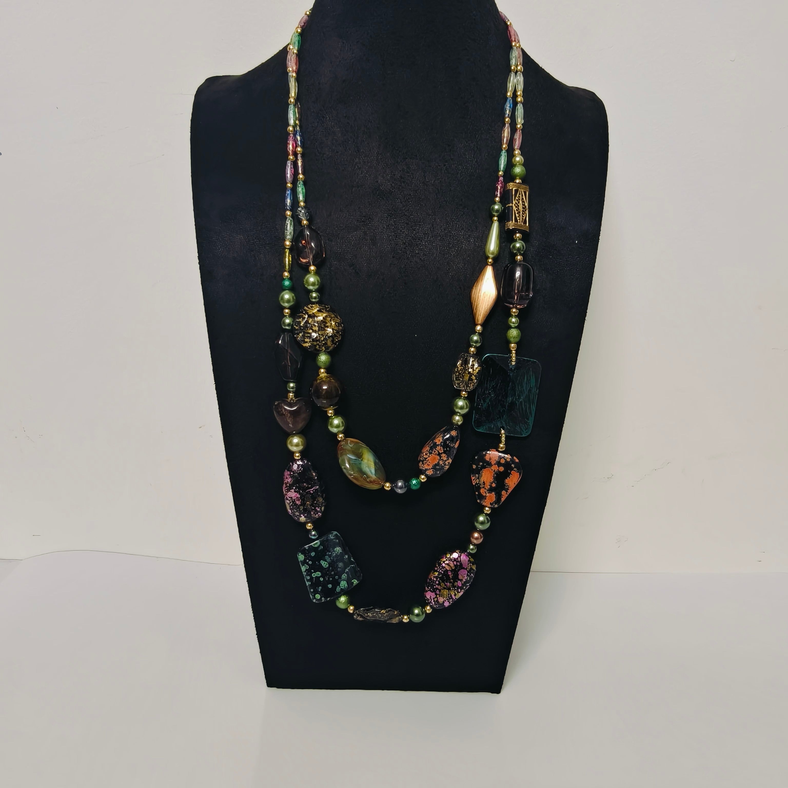 Handmade Resin & Shell Bead Necklace | Artistic Beaded Statement Necklace | Long Lightweight Boho Jewelry for Women (MAC346)