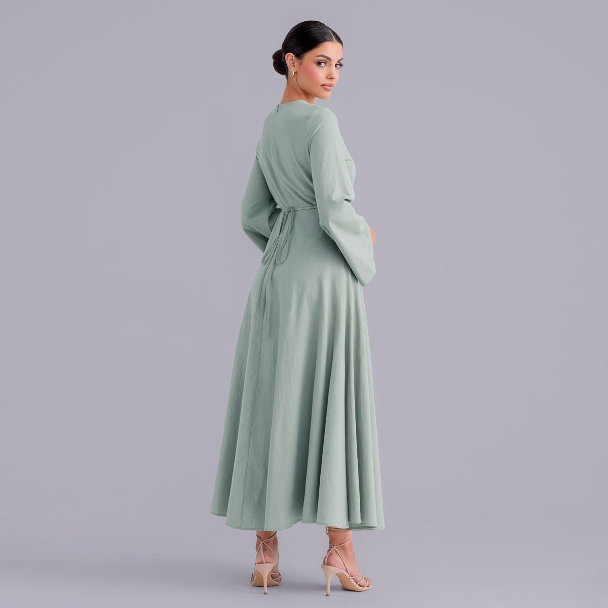 chinese dress ladies Maxi Dress Button Front | Green | Long Sleeve | Sustainable Clothing