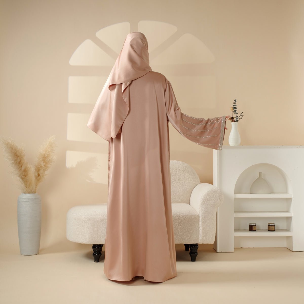 Eid Abaya For Eid Celebrations: Champagne Gold Bead Embroidery Two - Piece Abaya (MOA113) - Mariam's Collection