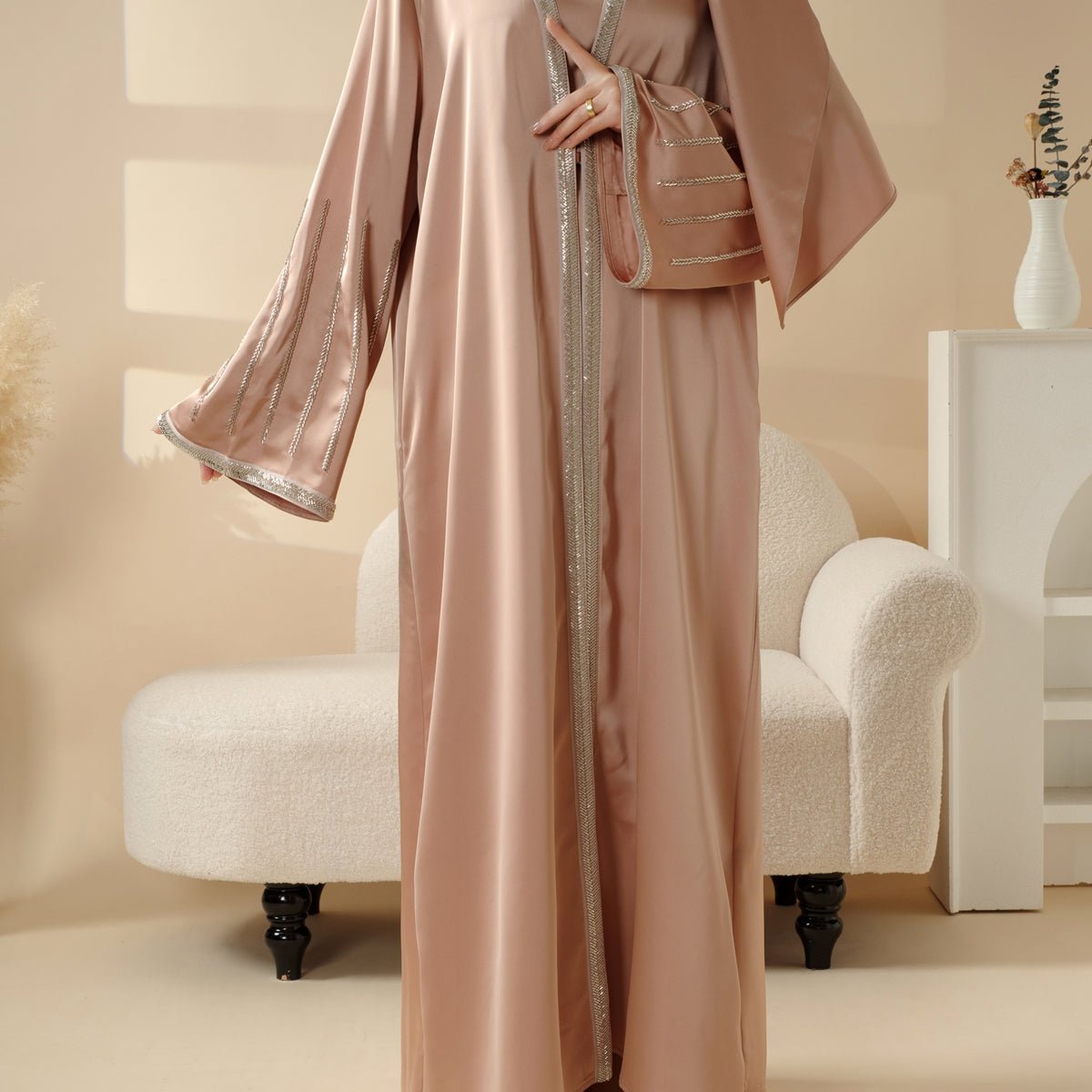 Eid Abaya For Eid Celebrations: Champagne Gold Bead Embroidery Two - Piece Abaya (MOA113) - Mariam's Collection