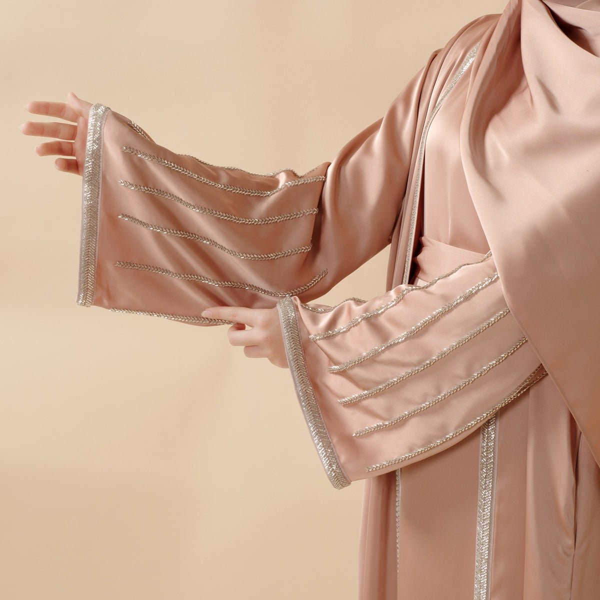 Eid Abaya For Eid Celebrations: Champagne Gold Bead Embroidery Two - Piece Abaya (MOA113) - Mariam's Collection