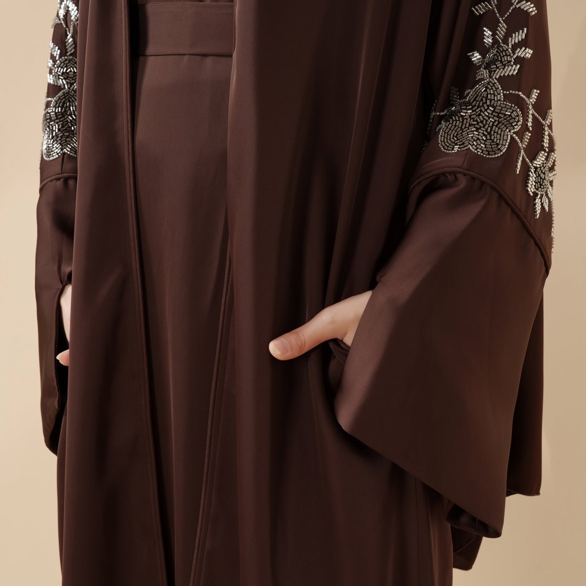 Eid Abaya - Perfect for Eid Celebrations Elegant Dark Brown Three - Piece Bead Embroidery (MOA112) - Mariam's Collection