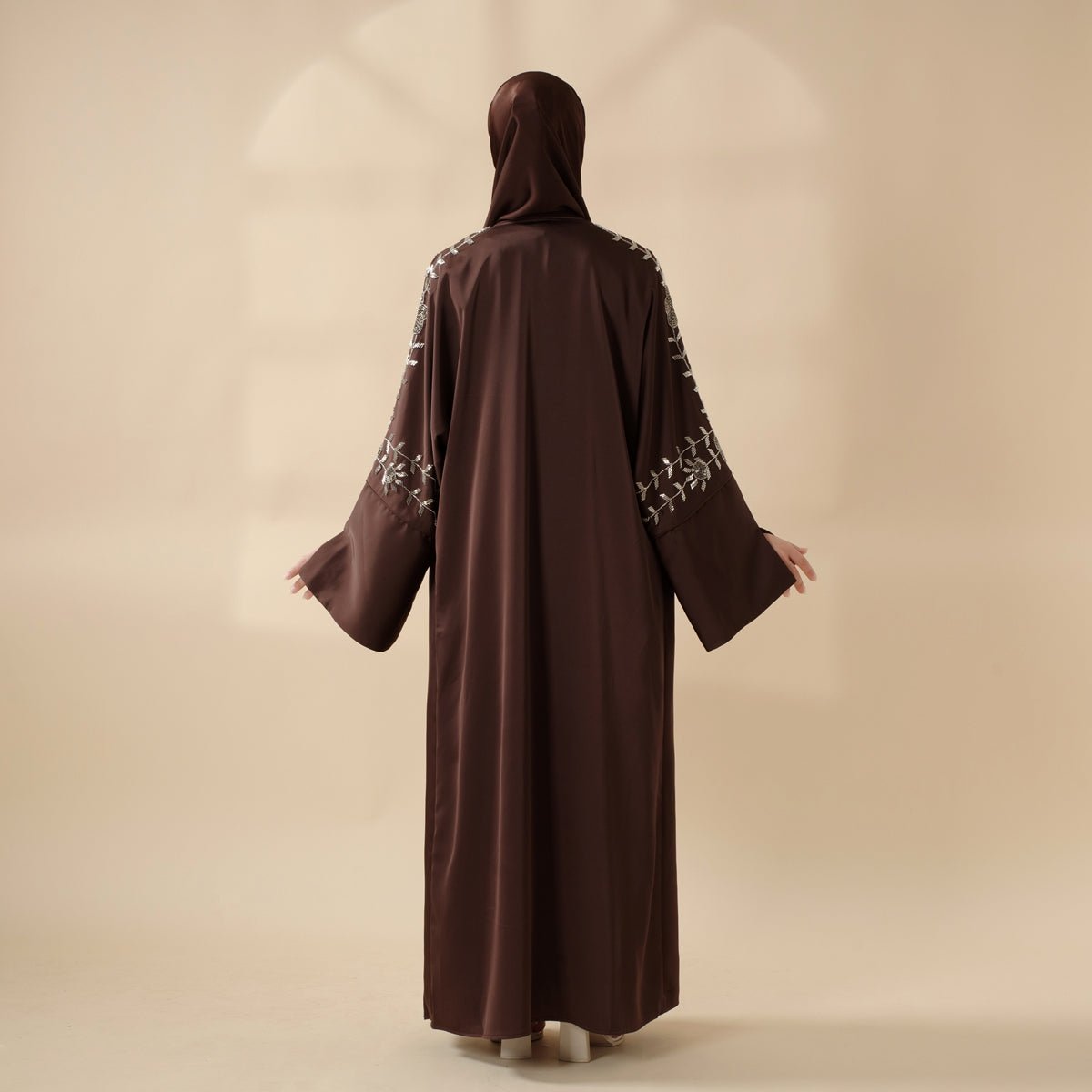 Eid Abaya - Perfect for Eid Celebrations Elegant Dark Brown Three - Piece Bead Embroidery (MOA112) - Mariam's Collection