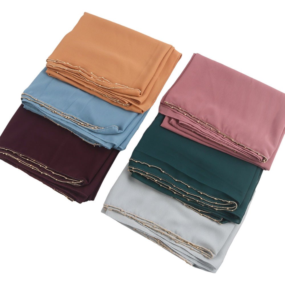 Elegance Solid Color Chiffon Hijab with Metallic Chain Trim (MH138) - Mariam's Collection