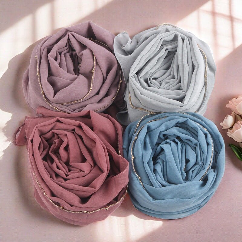 Elegance Solid Color Chiffon Hijab with Metallic Chain Trim (MH138) - Mariam's Collection