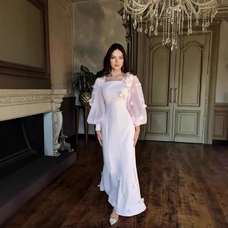 Elegant 3D Cherry Blossom Bubble Sleeve Modest Dress | Square Neckline Fishtail Maxi Dress with Back Lacing(MA296) - Mariam's Collection