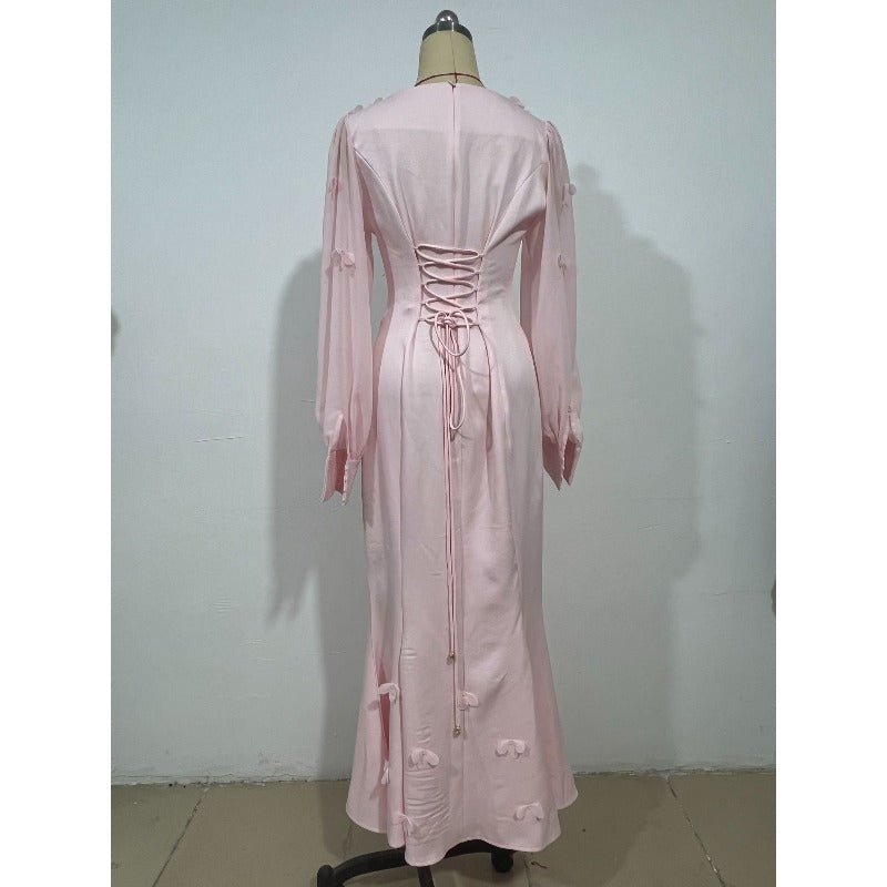 Elegant 3D Cherry Blossom Bubble Sleeve Modest Dress | Square Neckline Fishtail Maxi Dress with Back Lacing(MA296) - Mariam's Collection