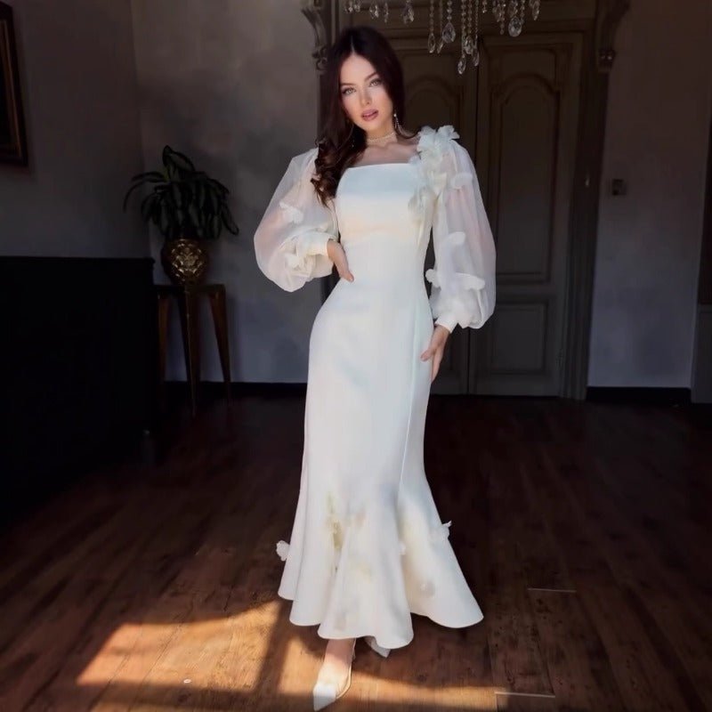 Elegant 3D Cherry Blossom Bubble Sleeve Modest Dress | Square Neckline Fishtail Maxi Dress with Back Lacing(MA296) - Mariam's Collection