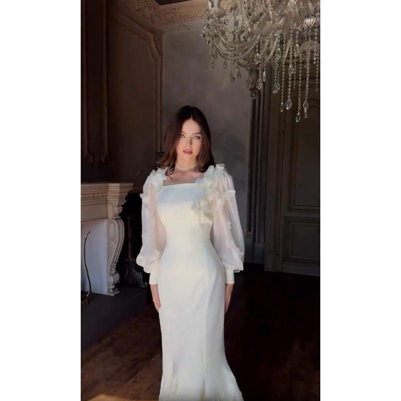 Elegant 3D Cherry Blossom Bubble Sleeve Modest Dress | Square Neckline Fishtail Maxi Dress with Back Lacing(MA296) - Mariam's Collection