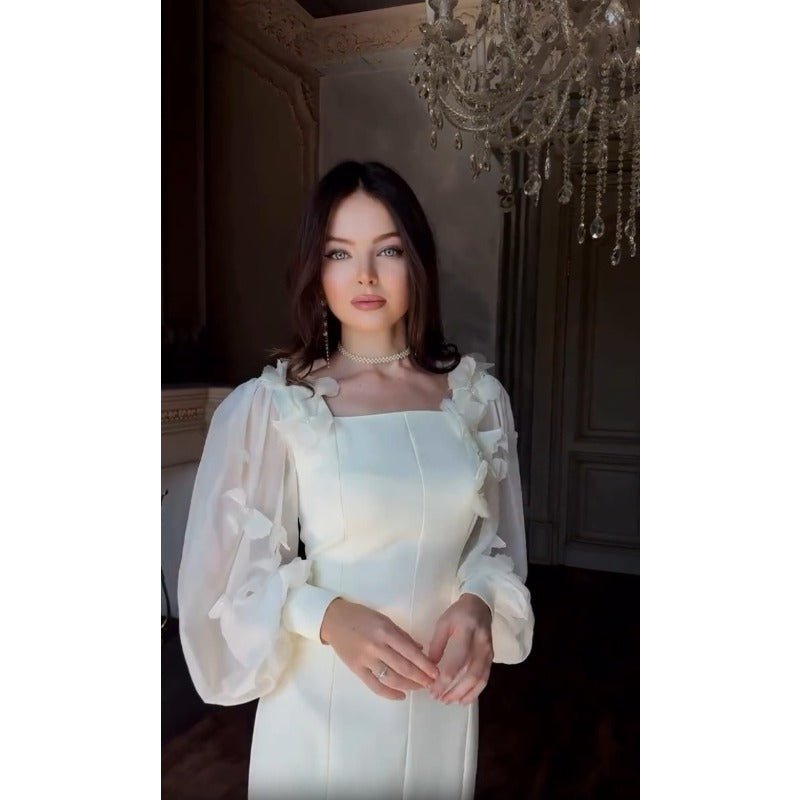 Elegant 3D Cherry Blossom Bubble Sleeve Modest Dress | Square Neckline Fishtail Maxi Dress with Back Lacing(MA296) - Mariam's Collection