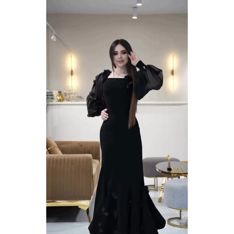 Elegant 3D Cherry Blossom Bubble Sleeve Modest Dress | Square Neckline Fishtail Maxi Dress with Back Lacing(MA296) - Mariam's Collection