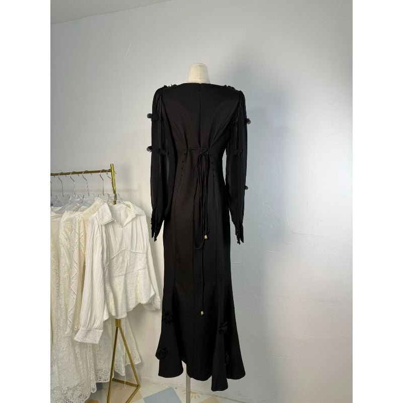 Elegant 3D Cherry Blossom Bubble Sleeve Modest Dress | Square Neckline Fishtail Maxi Dress with Back Lacing(MA296) - Mariam's Collection