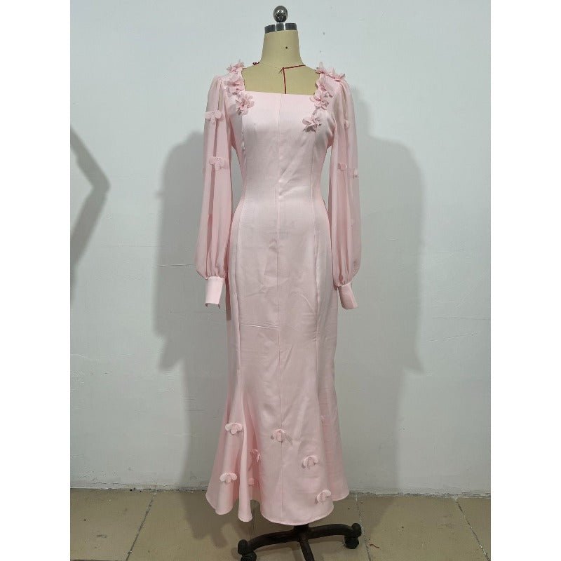 Elegant 3D Cherry Blossom Bubble Sleeve Modest Dress | Square Neckline Fishtail Maxi Dress with Back Lacing(MA296) - Mariam's Collection