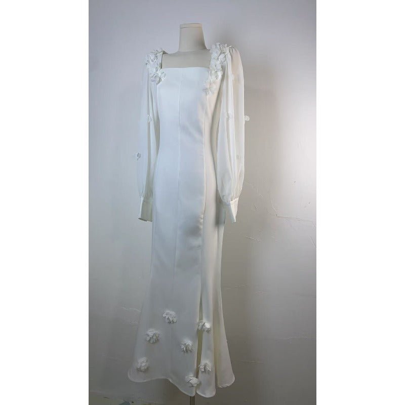 Elegant 3D Cherry Blossom Bubble Sleeve Modest Dress | Square Neckline Fishtail Maxi Dress with Back Lacing(MA296) - Mariam's Collection