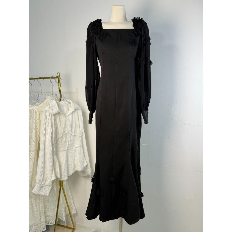 Elegant 3D Cherry Blossom Bubble Sleeve Modest Dress | Square Neckline Fishtail Maxi Dress with Back Lacing(MA296) - Mariam's Collection