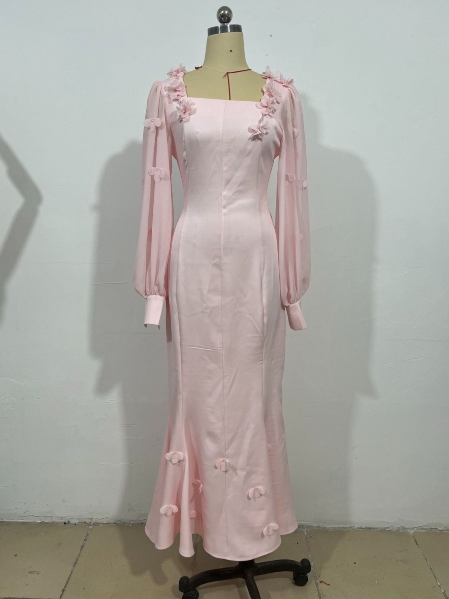 Elegant 3D Cherry Blossom Bubble Sleeve Modest Dress | Square Neckline Fishtail Maxi Dress with Back Lacing(MA296) - Mariam's Collection