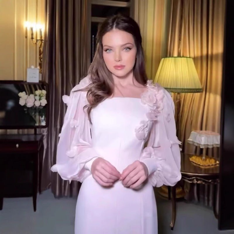 Elegant 3D Cherry Blossom Bubble Sleeve Modest Dress | Square Neckline Fishtail Maxi Dress with Back Lacing(MA296) - Mariam's Collection