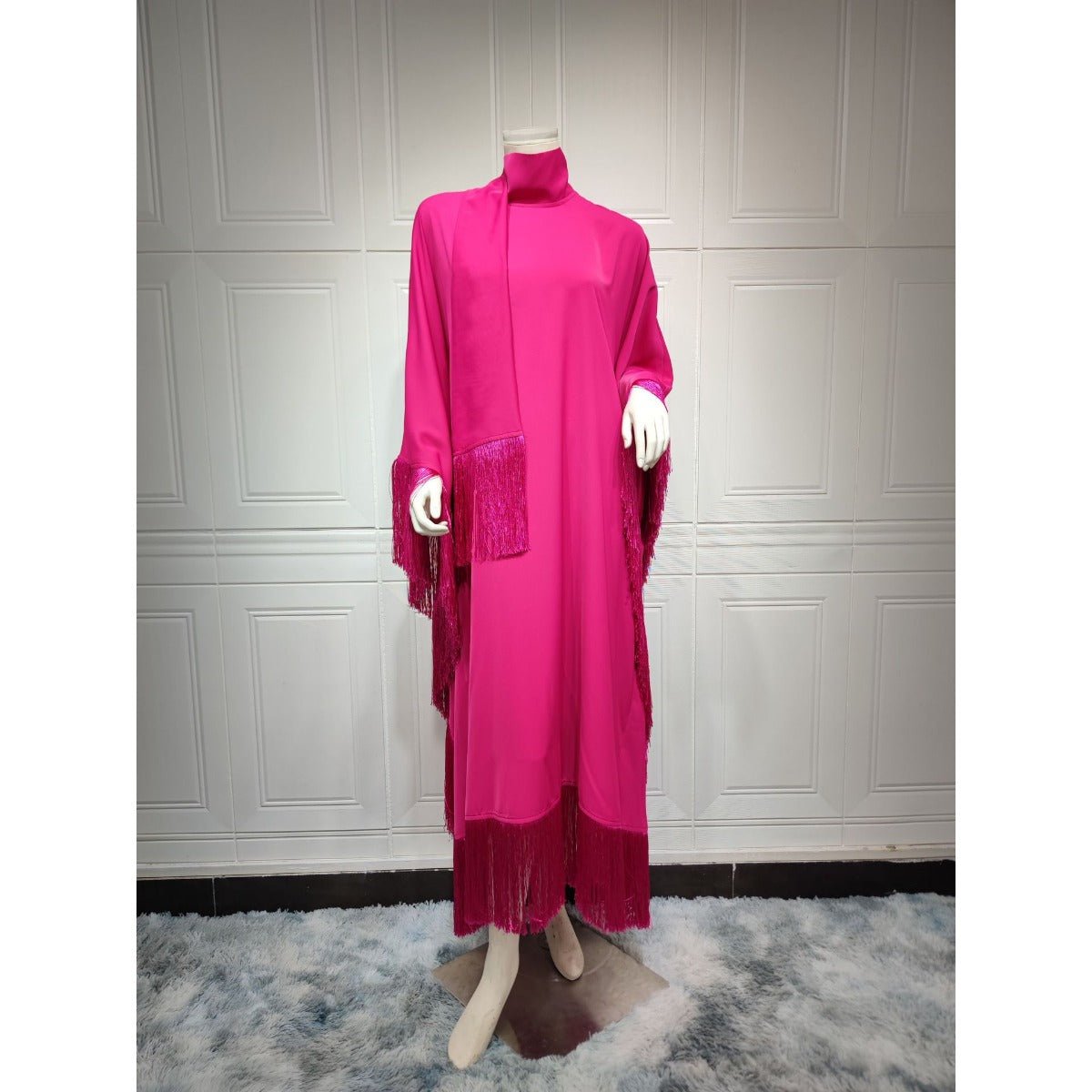 Elegant Bat Sleeve Tassel Kaftan | High Fashion Modest Party Dress with Flowy Fringe Details(MA288) - Mariam's Collection