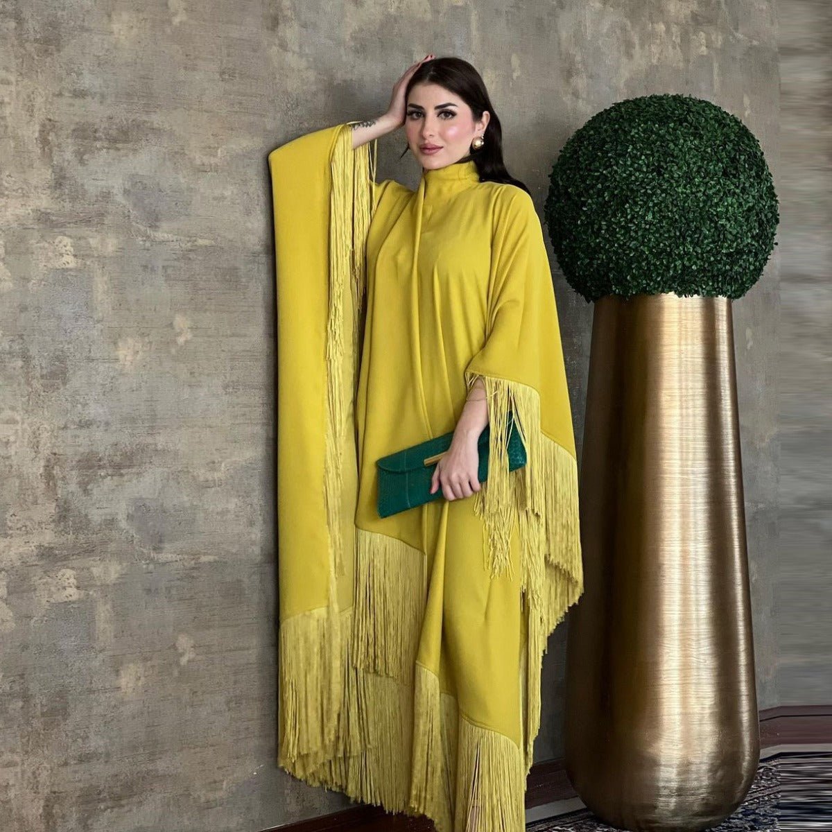 Elegant Bat Sleeve Tassel Kaftan | High Fashion Modest Party Dress with Flowy Fringe Details(MA288) - Mariam's Collection