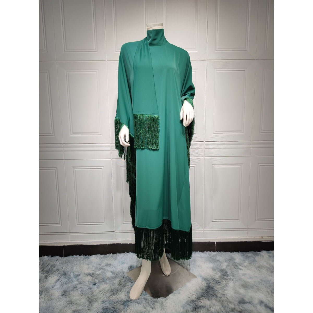 Elegant Bat Sleeve Tassel Kaftan | High Fashion Modest Party Dress with Flowy Fringe Details(MA288) - Mariam's Collection