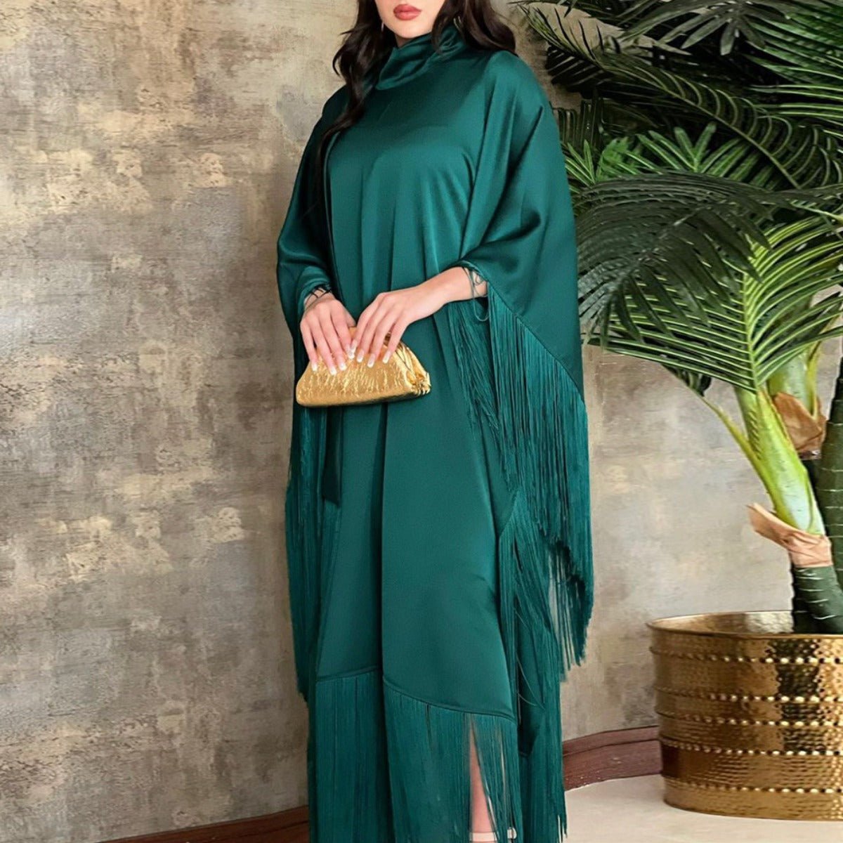 Elegant Bat Sleeve Tassel Kaftan | High Fashion Modest Party Dress with Flowy Fringe Details(MA288) - Mariam's Collection