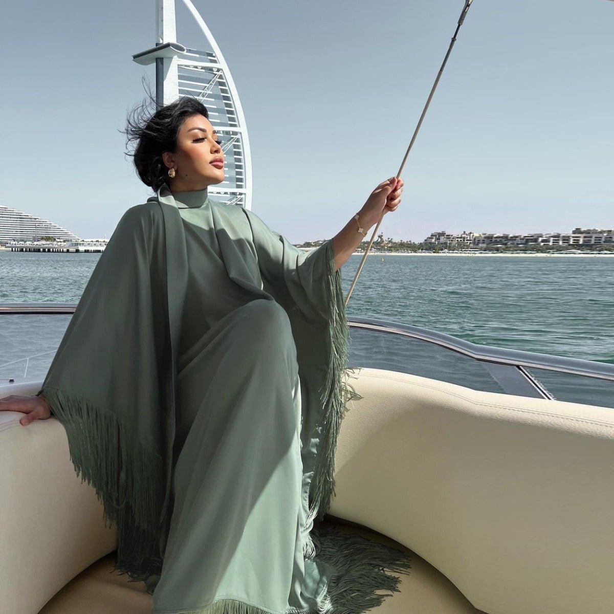 Elegant Bat Sleeve Tassel Kaftan | High Fashion Modest Party Dress with Flowy Fringe Details(MA288) - Mariam's Collection