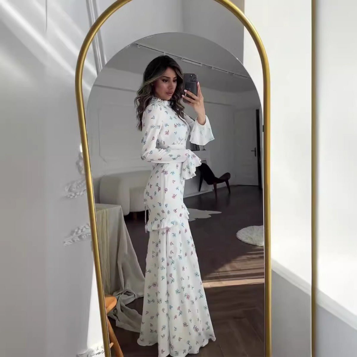 Elegant Bell Sleeve Romantic White Floral Ruffle Maxi Gown Abaya with Cascading Hem. (MA226) - Mariam's Collection