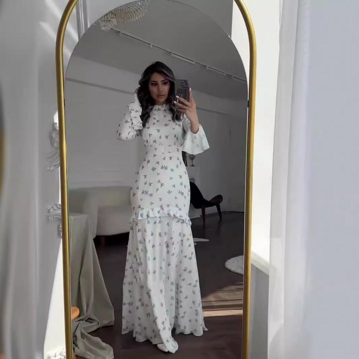 Elegant Bell Sleeve Romantic White Floral Ruffle Maxi Gown Abaya with Cascading Hem. (MA226) - Mariam's Collection