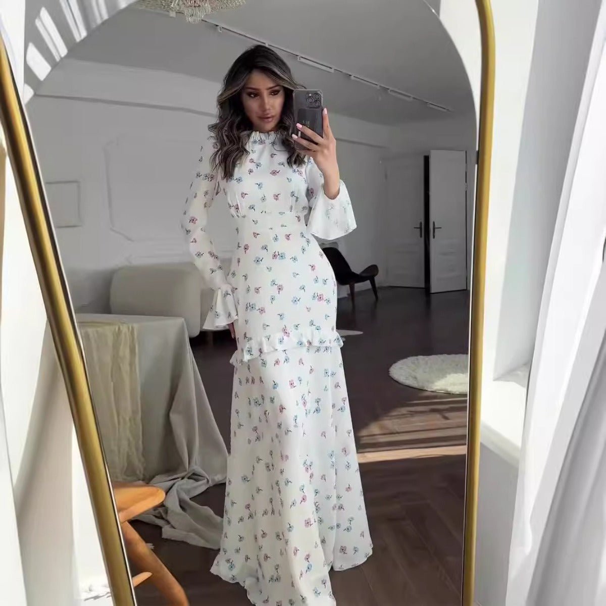 Elegant Bell Sleeve Romantic White Floral Ruffle Maxi Gown Abaya with Cascading Hem. (MA226) - Mariam's Collection