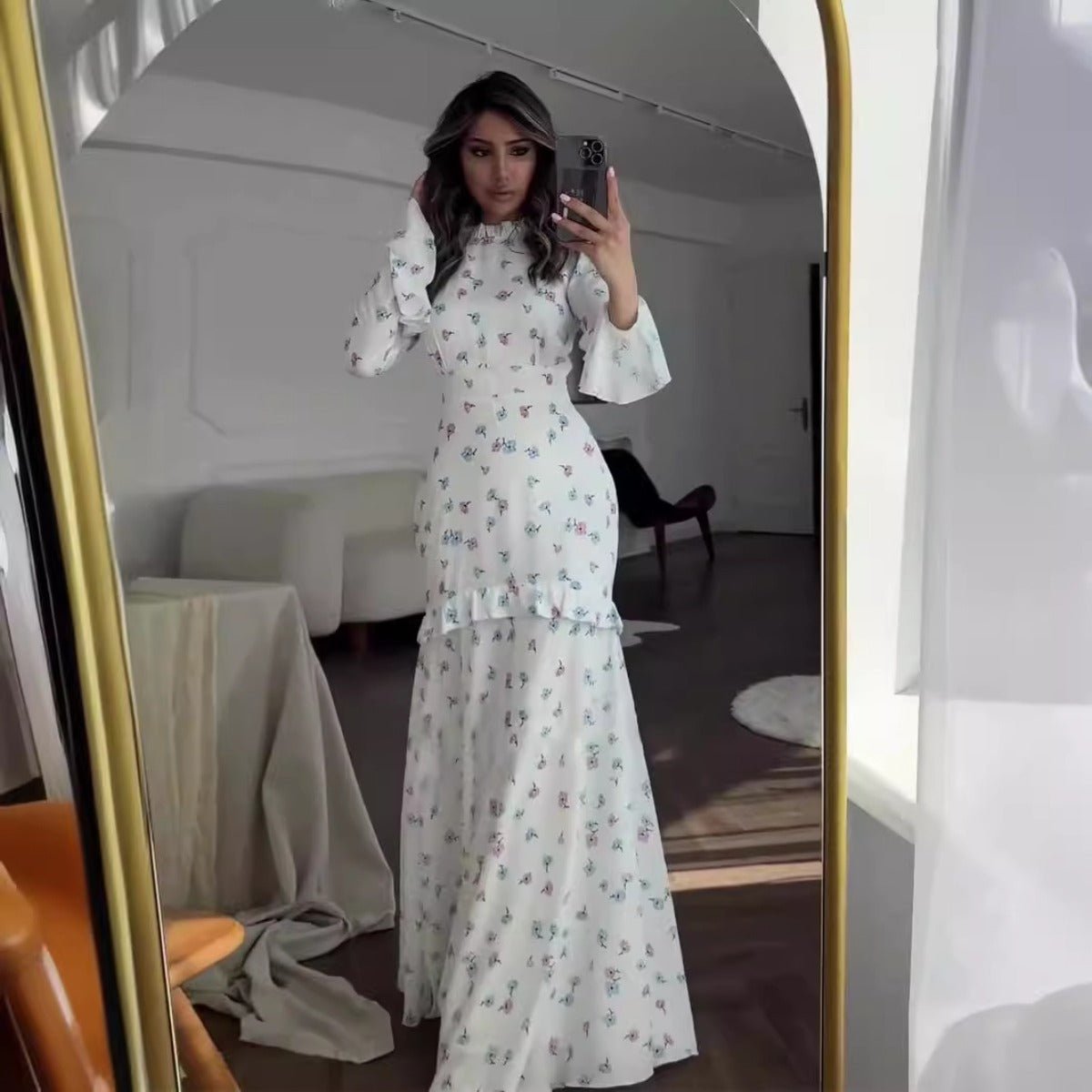 Elegant Bell Sleeve Romantic White Floral Ruffle Maxi Gown Abaya with Cascading Hem. (MA226) - Mariam's Collection