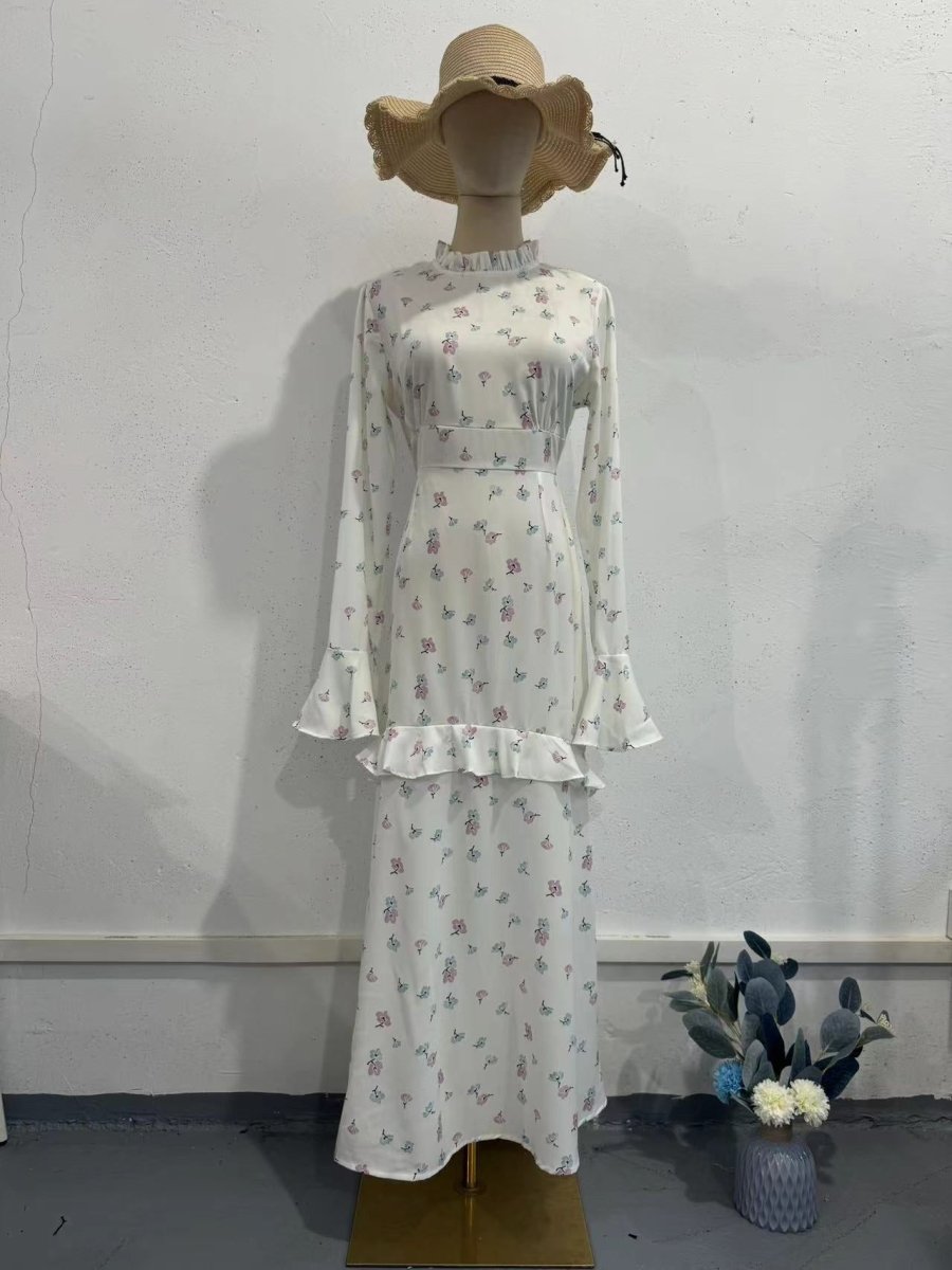 Elegant Bell Sleeve Romantic White Floral Ruffle Maxi Gown Abaya with Cascading Hem. (MA226) - Mariam's Collection