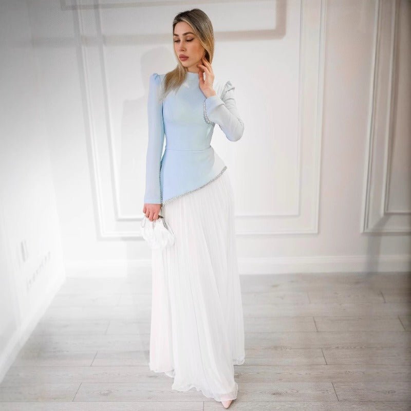 Elegant Blue White Chiffon Evening Dress | High Neck Pleated Maxi Dress(MA298) - Mariam's Collection