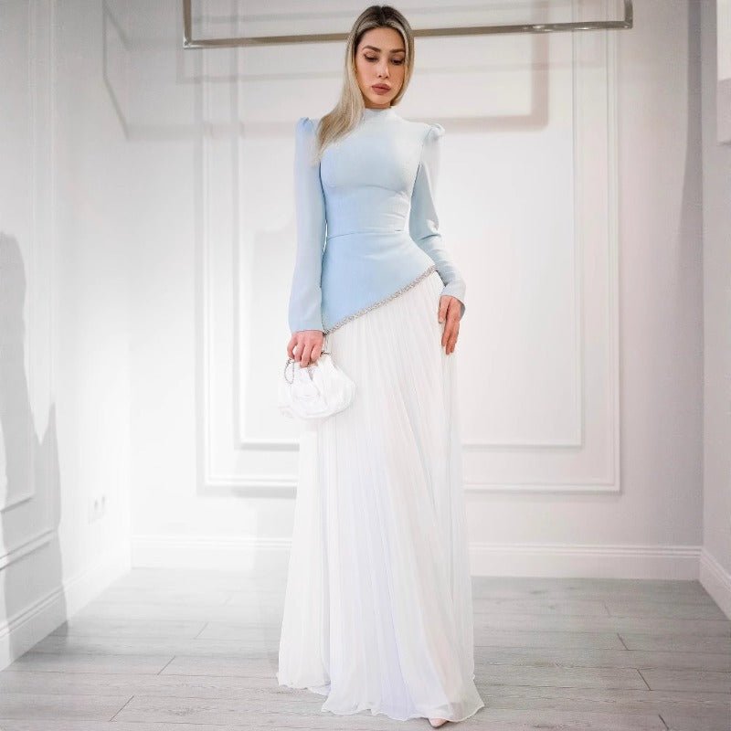 Elegant Blue White Chiffon Evening Dress | High Neck Pleated Maxi Dress(MA298) - Mariam's Collection