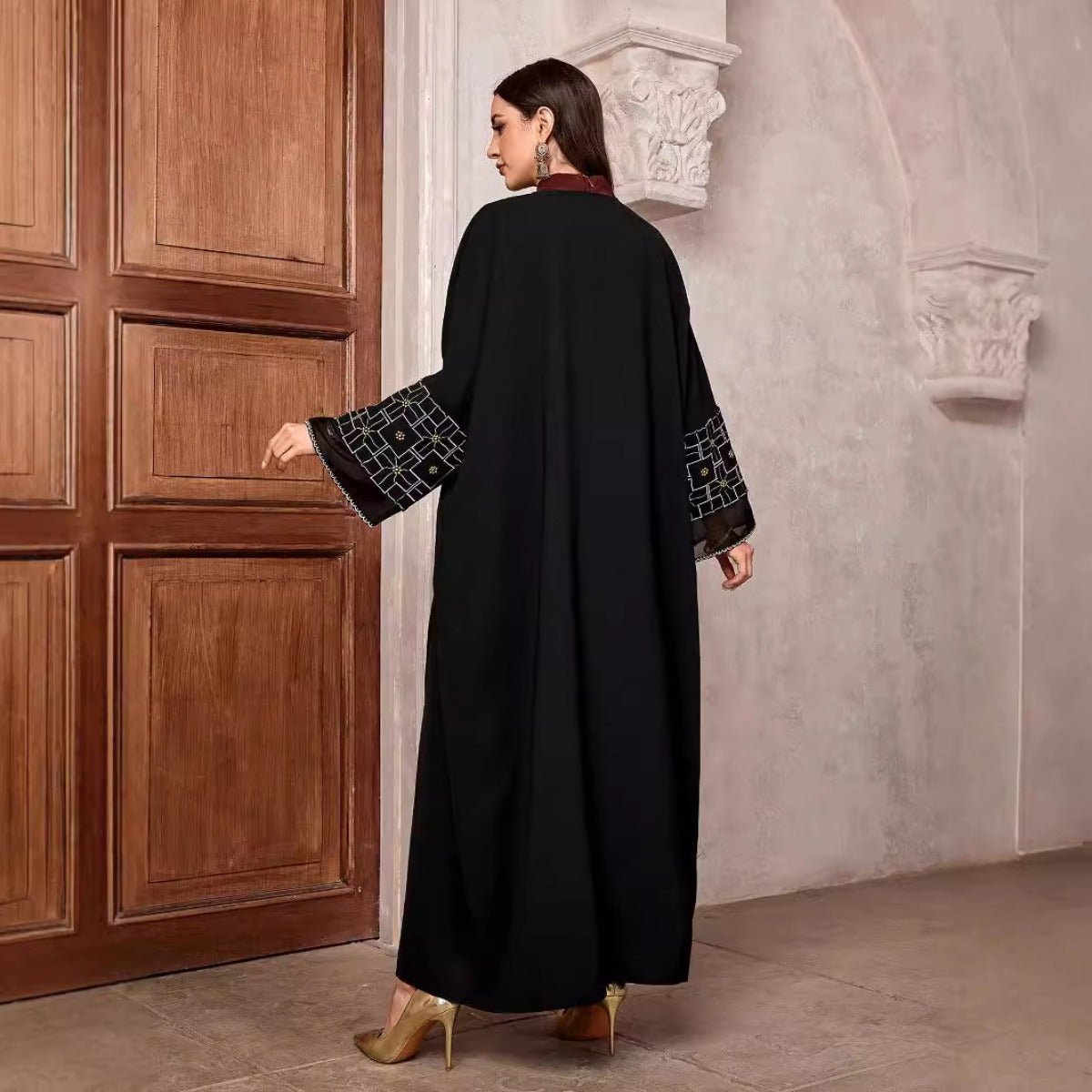 Elegant Brown & Black Bat Sleeve Robe Abaya | Gold Thread Embroidered Maxi Dress with Detachable Belt(MOA215) - Mariam's Collection