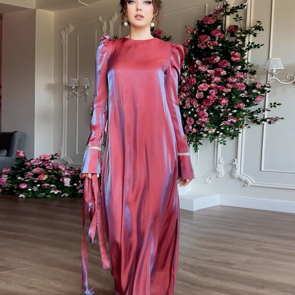 burgundy satin long sleeve dress Burgundy Satin Midi Dress, Long Sleeve Open Back Evening Gown
