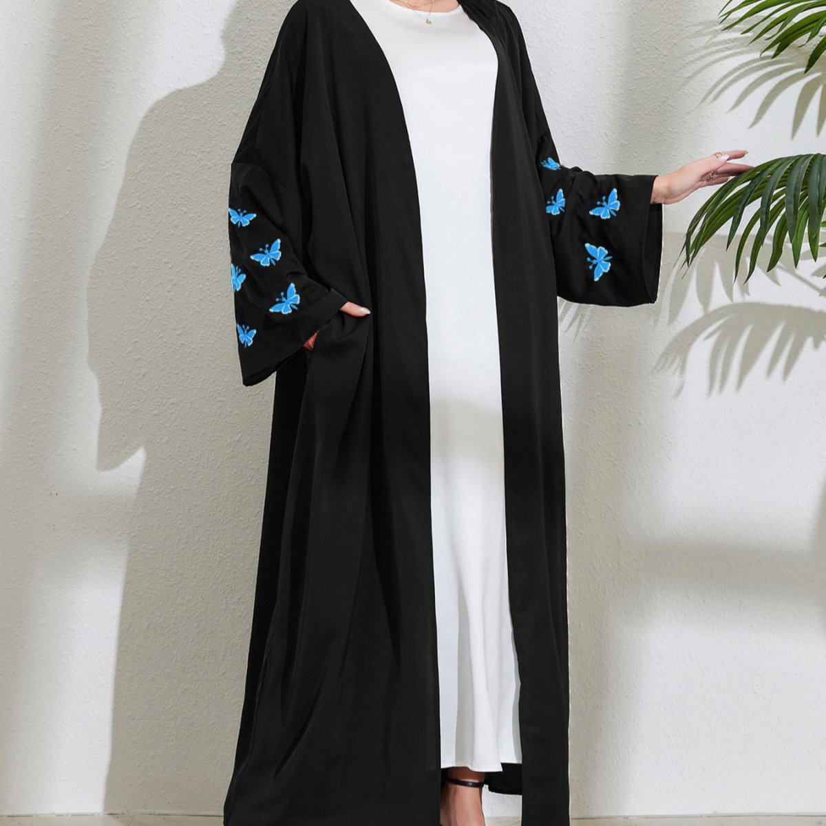 Elegant Butterfly Embroidery Open Abaya (MOA118) - Mariam's Collection