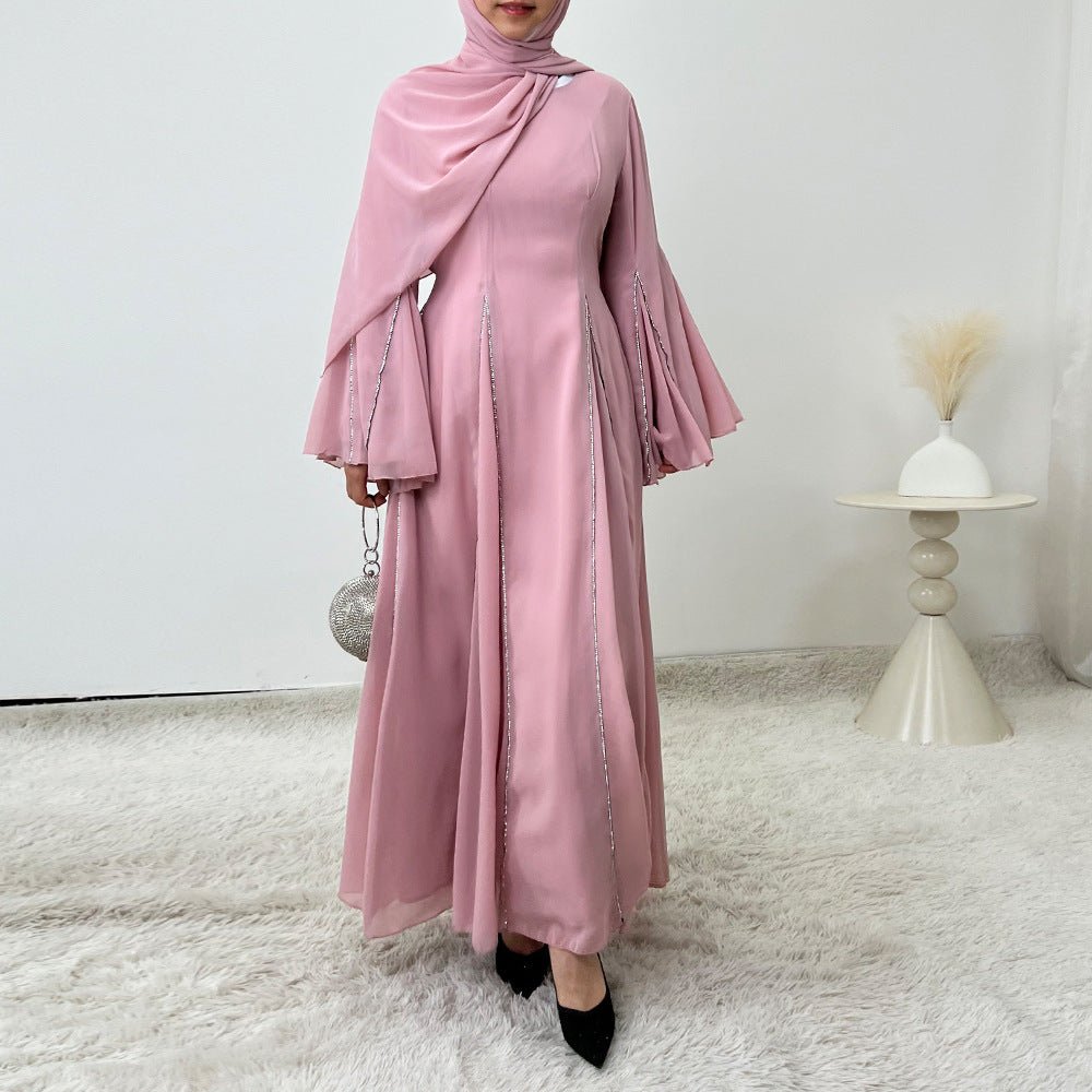 Elegant Chiffon Abaya Set with Hijab | Round Neck Bell Sleeve Maxi Dress with Rhinestone Trim(MA325) - Mariam's Collection