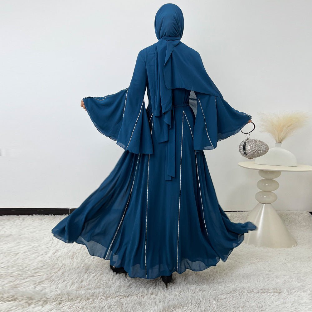 Elegant Chiffon Abaya Set with Hijab | Round Neck Bell Sleeve Maxi Dress with Rhinestone Trim(MA325) - Mariam's Collection