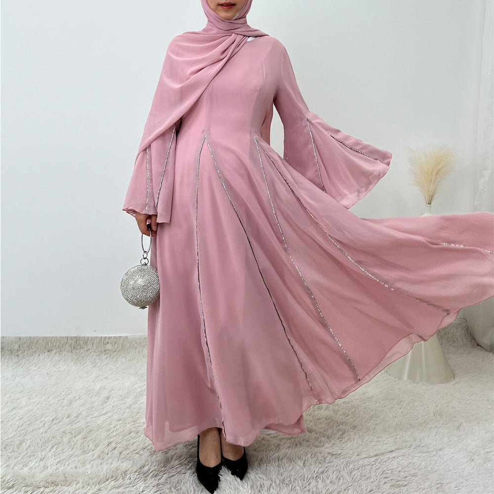 Chiffon Abaya Set with Hijab | Bell Sleeve Maxi Dress with Rhinestone Trim Navy blue / XXL