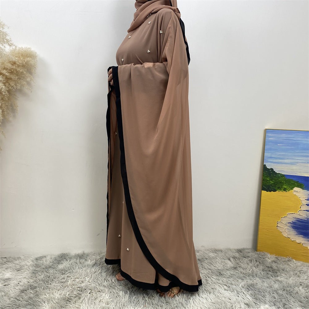 Elegant Chiffon Batwing Sleeve Abaya Pearl - Embellished Loose Muslim Robe with Contrast Trim. (MA183) - Mariam's Collection