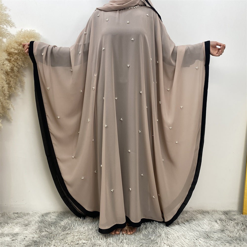 Elegant Chiffon Batwing Sleeve Abaya Pearl - Embellished Loose Muslim Robe with Contrast Trim. (MA183) - Mariam's Collection