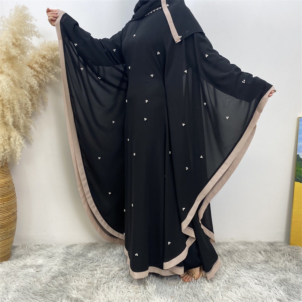 Elegant Chiffon Batwing Sleeve Abaya Pearl - Embellished Loose Muslim Robe with Contrast Trim. (MA183) - Mariam's Collection