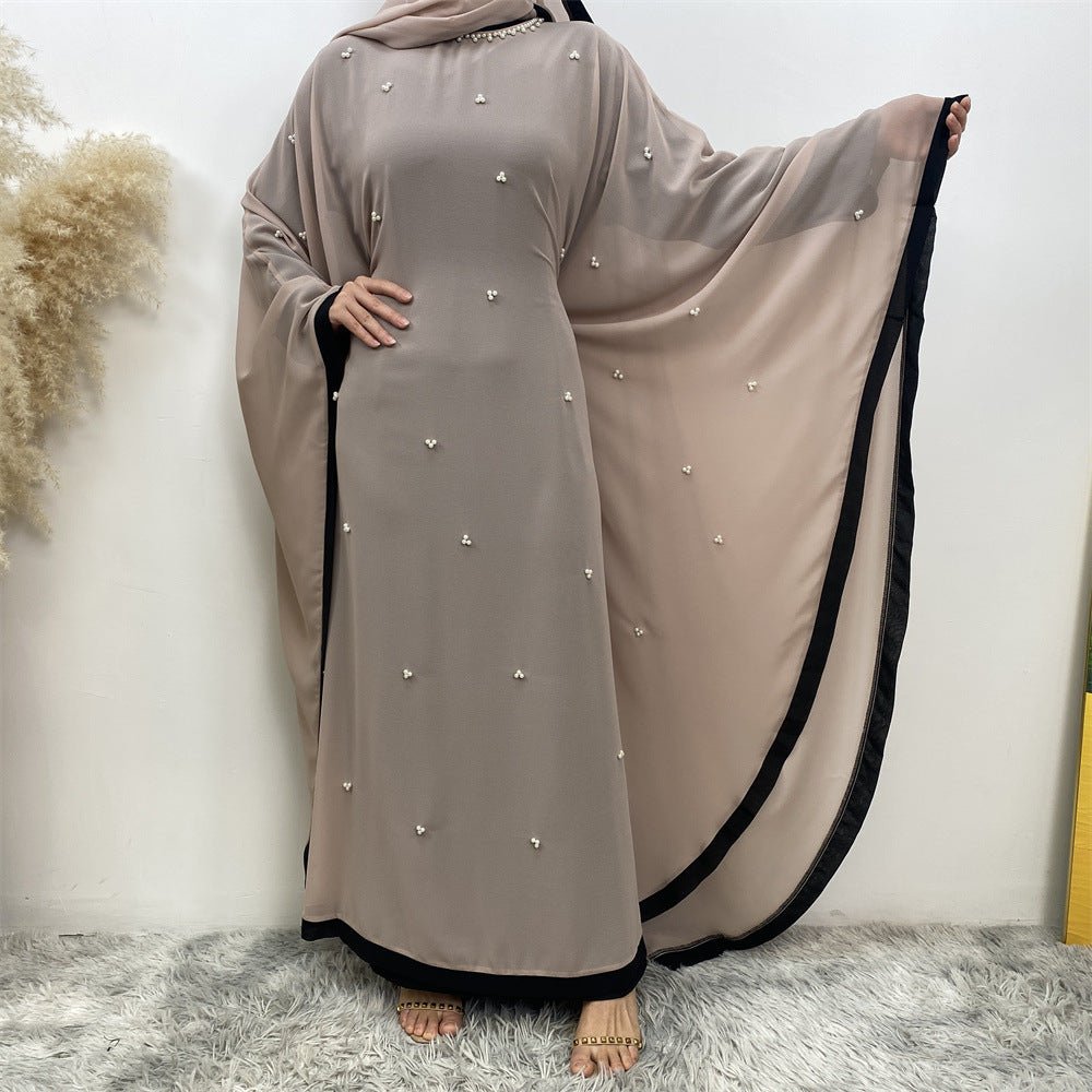Elegant Chiffon Batwing Sleeve Abaya Pearl - Embellished Loose Muslim Robe with Contrast Trim. (MA183) - Mariam's Collection