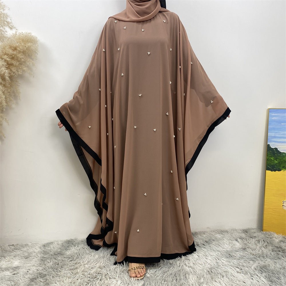 Elegant Chiffon Batwing Sleeve Abaya Pearl - Embellished Loose Muslim Robe with Contrast Trim. (MA183) - Mariam's Collection