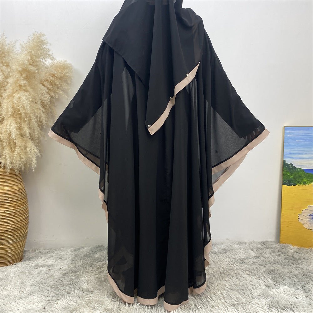 Elegant Chiffon Batwing Sleeve Abaya Pearl - Embellished Loose Muslim Robe with Contrast Trim. (MA183) - Mariam's Collection